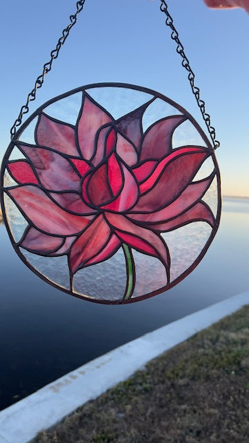 Rich Pink and Cranberry Lotus Flower Stained Glass Window Suncatcher
