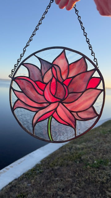 Rich Pink and Cranberry Lotus Flower Stained Glass Window Suncatcher