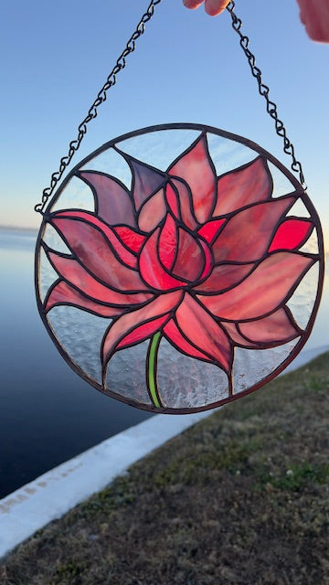 Rich Pink and Cranberry Lotus Flower Stained Glass Window Suncatcher