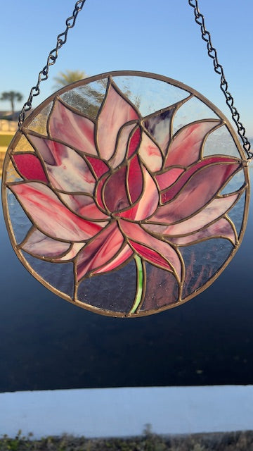 Rich Pink and Cranberry Lotus Flower Stained Glass Window Suncatcher