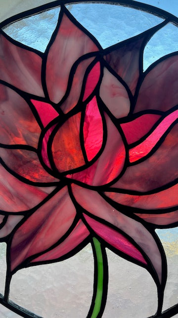 Rich Pink and Cranberry Lotus Flower Stained Glass Window Suncatcher