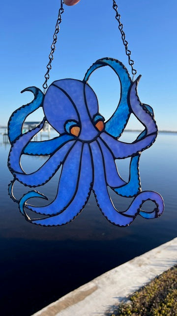 Octopus Stained Glass Suncatcher, Blue Mottled Glass with Iridescent Eyes