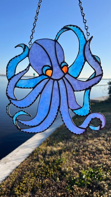 Octopus Stained Glass Suncatcher, Blue Mottled Glass with Iridescent Eyes