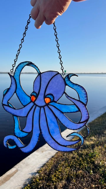 Octopus Stained Glass Suncatcher, Blue Mottled Glass with Iridescent Eyes
