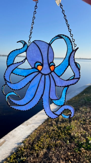 Octopus Stained Glass Suncatcher, Blue Mottled Glass with Iridescent Eyes