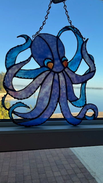 Octopus Stained Glass Suncatcher, Blue Mottled Glass with Iridescent Eyes