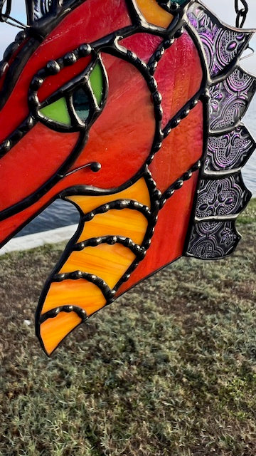 Handcrafted Stained Glass Dragon Suncatcher – Bold Red &amp; Orange Fantasy Art, Window Hanging Deco