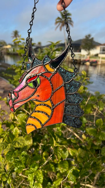 Handcrafted Stained Glass Dragon Suncatcher – Bold Red &amp; Orange Fantasy Art, Window Hanging Deco