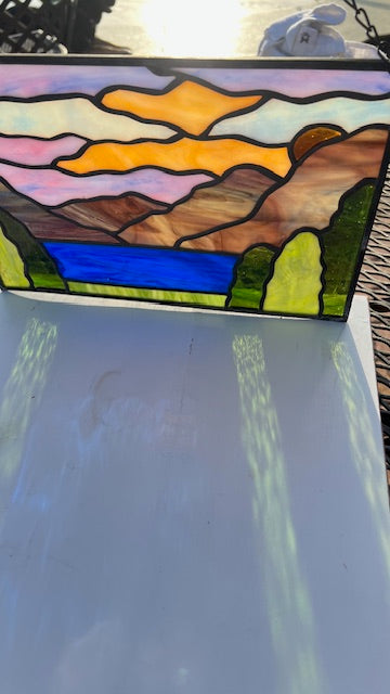 Stained Glass Mountain Landscape Panel, Lake & Sunrise Scene, Purple Mountains, Framed Glass Art, Window Hanging, Nature Decor