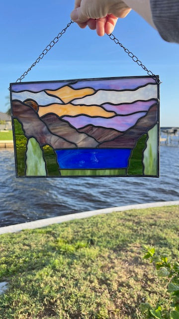 Stained Glass Mountain Landscape Panel, Lake & Sunrise Scene, Purple Mountains, Framed Glass Art, Window Hanging, Nature Decor