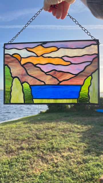 Stained Glass Mountain Landscape Panel, Lake & Sunrise Scene, Purple Mountains, Framed Glass Art, Window Hanging, Nature Decor