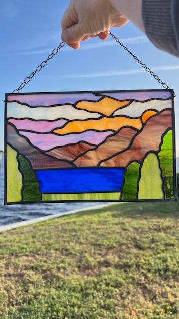 Stained Glass Mountain Landscape Panel, Lake & Sunrise Scene, Purple Mountains, Framed Glass Art, Window Hanging, Nature Decor