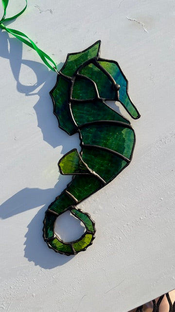 Stained Glass Seahorse Suncatcher, Blue Green Ripple Glass, Coastal Window Hanging, 3D Fin Detail, Beach Decor Gift