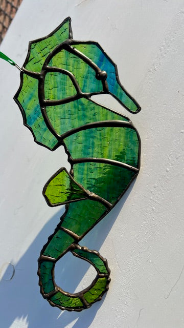 Stained Glass Seahorse Suncatcher, Blue Green Ripple Glass, Coastal Window Hanging, 3D Fin Detail, Beach Decor Gift
