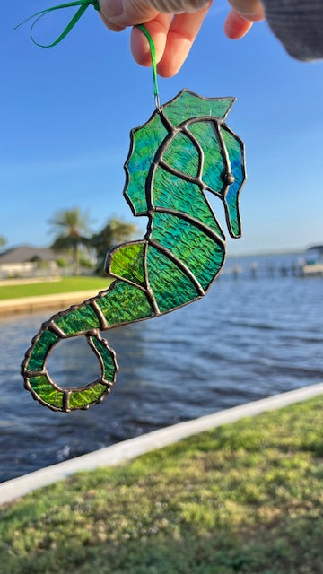 Stained Glass Seahorse Suncatcher, Blue Green Ripple Glass, Coastal Window Hanging, 3D Fin Detail, Beach Decor Gift
