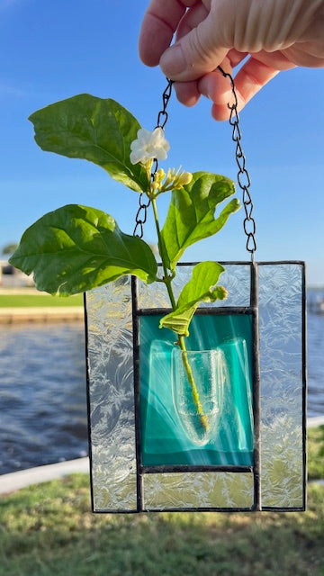 Stained Glass Propagation Suncatcher, Teal Green Glass with Built-In Propagation Tube, Plant Lover Gift, Hanging Glass Planter