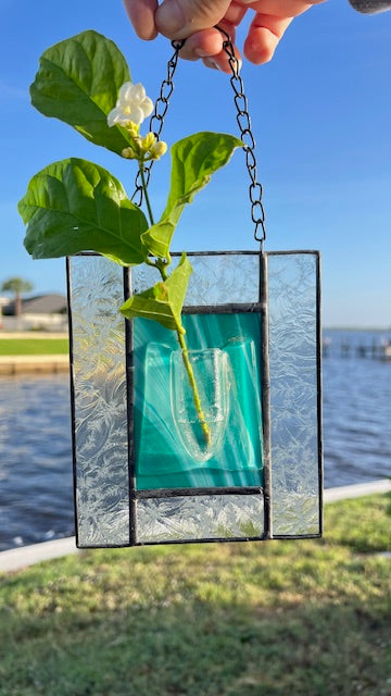 Stained Glass Propagation Suncatcher, Teal Green Glass with Built-In Propagation Tube, Plant Lover Gift, Hanging Glass Planter