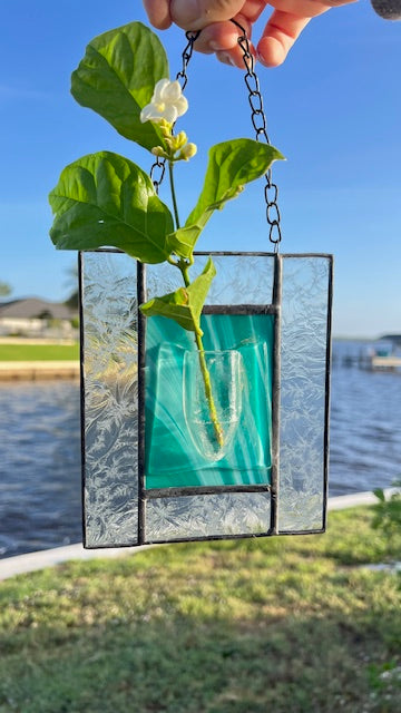 Stained Glass Propagation Suncatcher, Teal Green Glass with Built-In Propagation Tube, Plant Lover Gift, Hanging Glass Planter