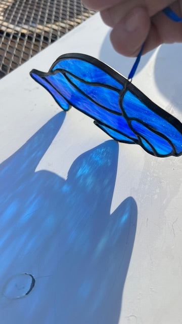Handmade Stained Glass Manatee Suncatcher – Iridescent Green or Cobalt Blue Coastal Decor