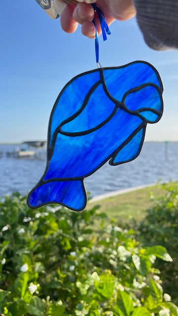 Handmade Stained Glass Manatee Suncatcher – Iridescent Green or Cobalt Blue Coastal Decor