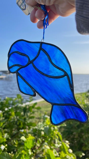 Handmade Stained Glass Manatee Suncatcher – Iridescent Green or Cobalt Blue Coastal Decor