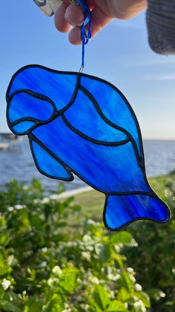 Handmade Stained Glass Manatee Suncatcher – Iridescent Green or Cobalt Blue Coastal Decor