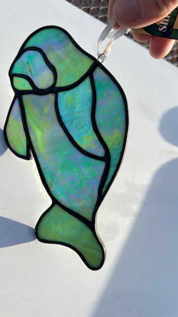 Handmade Stained Glass Manatee Suncatcher – Iridescent Green or Cobalt Blue Coastal Decor