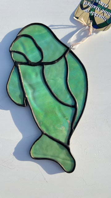 Handmade Stained Glass Manatee Suncatcher – Iridescent Green or Cobalt Blue Coastal Decor