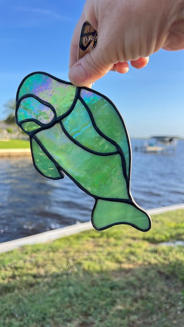 Handmade Stained Glass Manatee Suncatcher – Iridescent Green or Cobalt Blue Coastal Decor