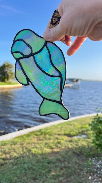 Handmade Stained Glass Manatee Suncatcher – Iridescent Green or Cobalt Blue Coastal Decor