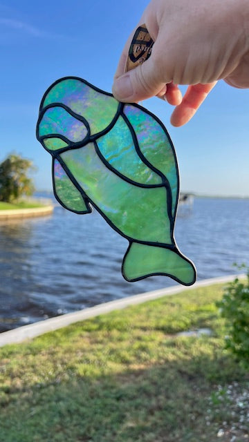 Handmade Stained Glass Manatee Suncatcher – Iridescent Green or Cobalt Blue Coastal Decor
