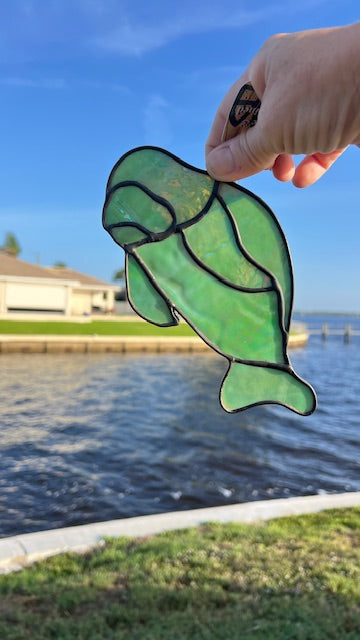 Handmade Stained Glass Manatee Suncatcher – Iridescent Green or Cobalt Blue Coastal Decor