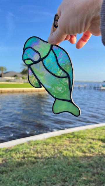 Handmade Stained Glass Manatee Suncatcher – Iridescent Green or Cobalt Blue Coastal Decor