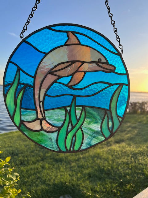 Dolphin Stained Glass Under Water Suncatcher Glass Panel