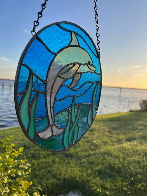Dolphin Stained Glass Under Water Suncatcher Glass Panel