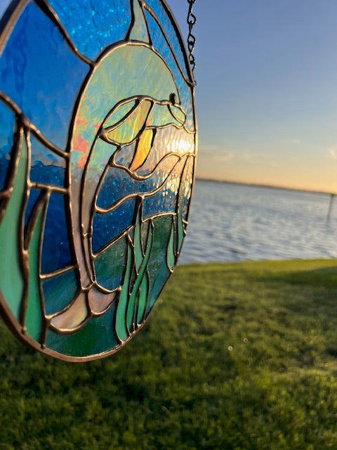 Dolphin Stained Glass Under Water Suncatcher Glass Panel