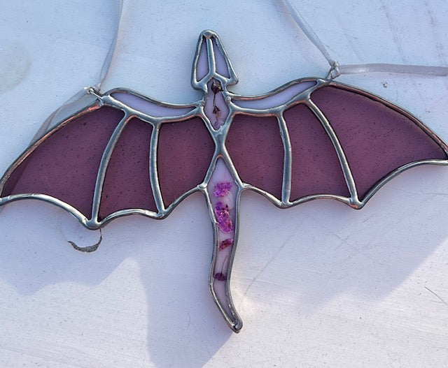 Purple Floral Flying Dragon Suncatcher - Clear Wings, Pressed Flower Body Home Decore Art