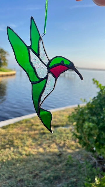 Stained Glass Hummingbird Suncatcher, Green, Ruby and Iridescent Clear, Handmade Bird Window Hanging, Garden Decor Gift