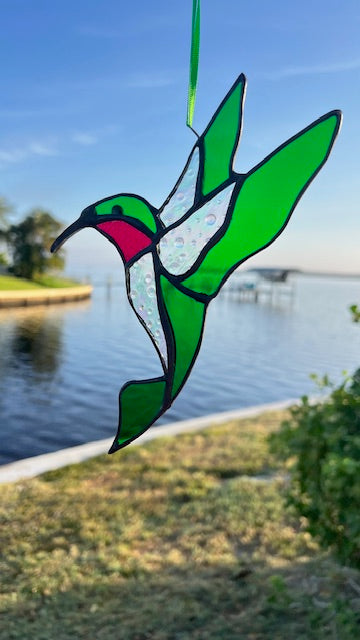Stained Glass Hummingbird Suncatcher, Green, Ruby and Iridescent Clear, Handmade Bird Window Hanging, Garden Decor Gift