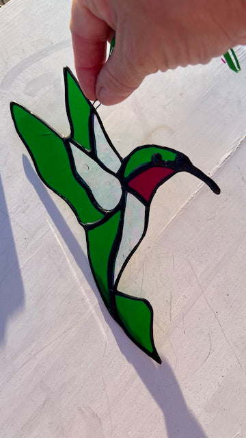 Stained Glass Hummingbird Suncatcher, Green, Ruby and Iridescent Clear, Handmade Bird Window Hanging, Garden Decor Gift