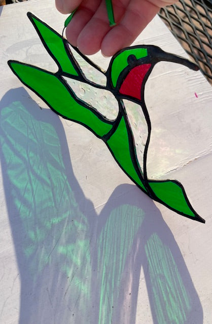 Stained Glass Hummingbird Suncatcher, Green, Ruby and Iridescent Clear, Handmade Bird Window Hanging, Garden Decor Gift