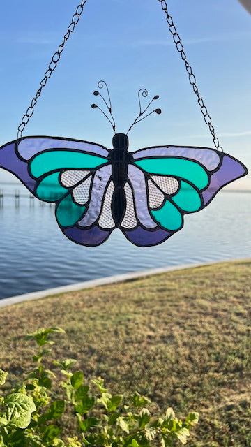 Purple and Teal Butterfly Stained Glass Suncatcher - Window Art