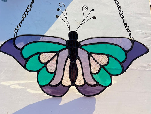 Purple and Teal Butterfly Stained Glass Suncatcher - Window Art