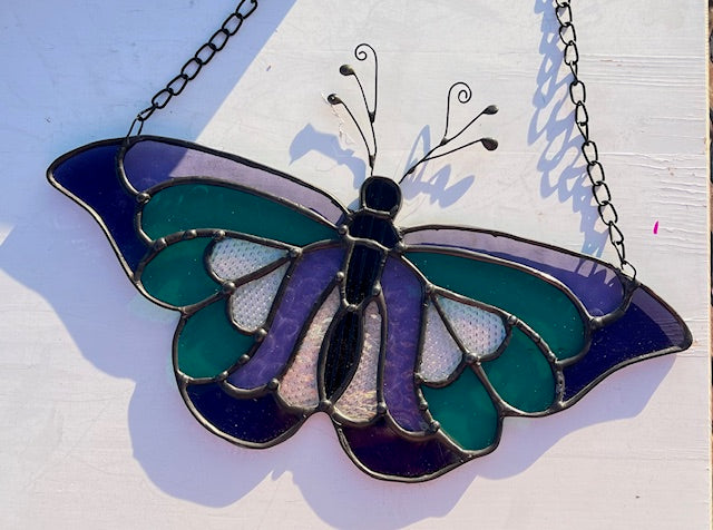 Purple and Teal Butterfly Stained Glass Suncatcher - Window Art