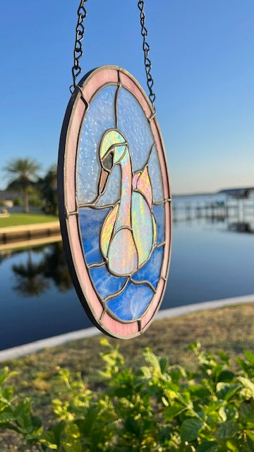 Iridescent Swan Stained Glass Suncatcher – Elegant Bird Window Hanging – Handmade Oval Glass Art with Soft Pink Border