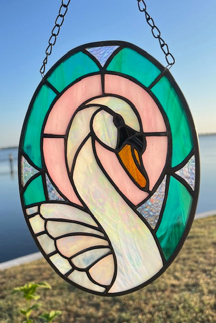 Handcrafted Stained Glass Swan Suncatcher, White Iridescent Swan Window Hanging, Oval Bird Sun Catcher, Coastal Cottage Decor Gift