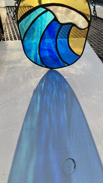 Ocean Wave Stained Glass Suncatcher – Coastal Beach Decor in Blue & Golden Amber – Handmade Nautical Window Hanging