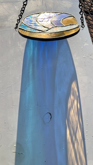 Ocean Wave Stained Glass Suncatcher – Coastal Beach Decor in Blue & Golden Amber – Handmade Nautical Window Hanging