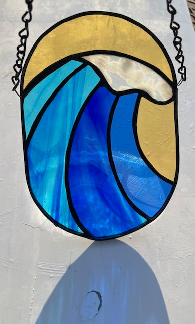 Ocean Wave Stained Glass Suncatcher – Coastal Beach Decor in Blue & Golden Amber – Handmade Nautical Window Hanging
