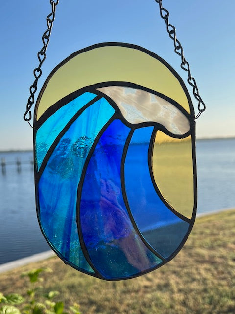 Ocean Wave Stained Glass Suncatcher – Coastal Beach Decor in Blue & Golden Amber – Handmade Nautical Window Hanging
